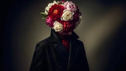 Surreal Conceptual Portrait of a Human Figure with Rose Flower Head and Floating Petals, Floral Transformation and Minimalist Studio Background