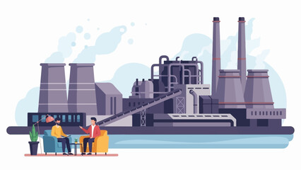 Obraz premium Two men in comfortable seating discuss business in front of a large industrial factory with smokestacks