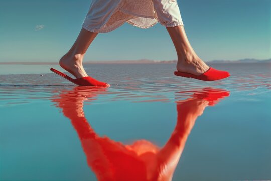 Surreal scene of a woman walking barefoot in red shoes on shallow reflective water, minimal travel and freedom concept, calm horizon, poetic summer mood, modern artistic photography. - Powered by Adobe