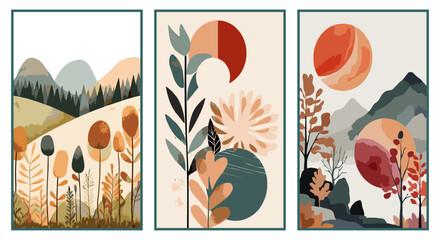 Set of three abstract boho landscape posters with mountains and sun. Modern earth tone illustrations for aesthetic wall art and home decor © hadi