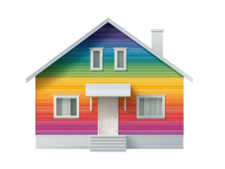 A colorful house with a rainbow painted on it