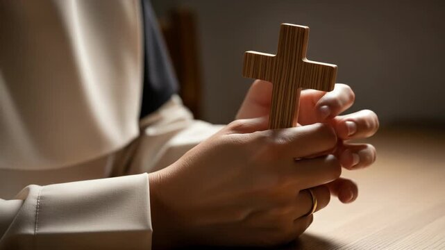Close-Up of Praying Hands Holding a Wooden Cross, Symbolizing Faith, Spirituality, and Ramadan Reflection