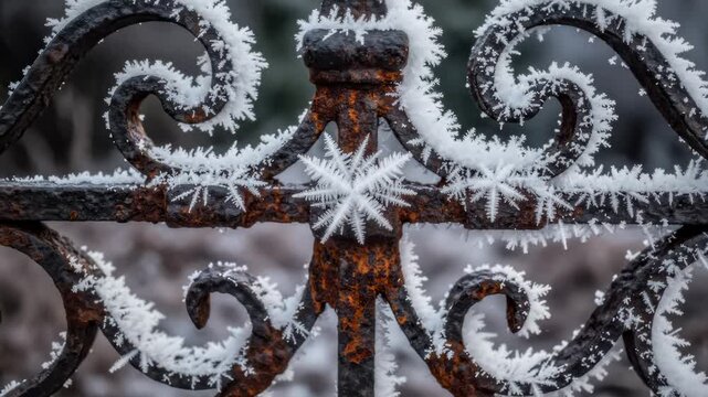 Snowflakes Accumulate on Rustic Iron Gate in Winter Season