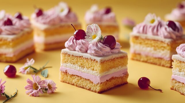 Sweet dessert squares with frosting and cherries on a yellow background during a sunny day - Powered by Adobe