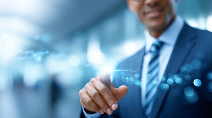 Business person pointing at virtual screen in modern office setting during daytime