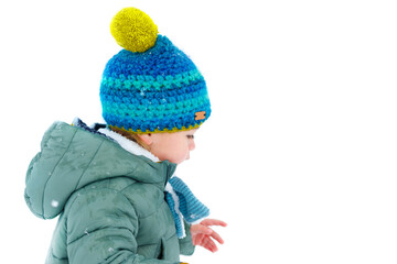 Cute Baby Boy Playing in Snow Wearing Warm Winter Clothes