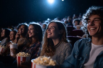 Friends enjoy a movie night together at the cinema sharing popcorn and laughter in the evening hours of a local theater