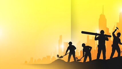 Silhouetted workers constructively laboring together on a project in front of a vibrant city skyline during a warm sunset
