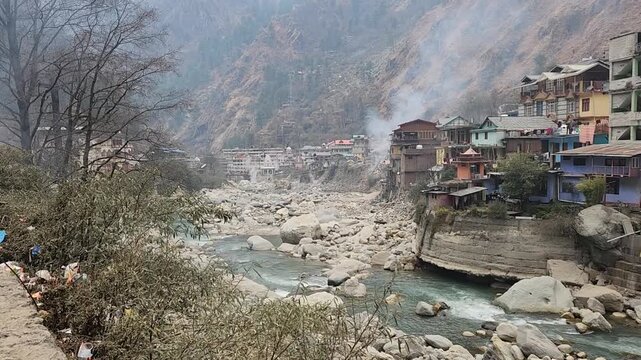 Spiritual Manikaran Valley Scene with Gurudwara and Shiva Temple Hot Water Spring