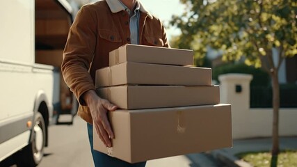 The Delivery Man: A dedicated delivery man carries a stack of cardboard packages, embodying reliable service and efficient logistics. Capturing the essence of fast delivery.