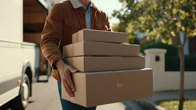 The Delivery Man: A dedicated delivery man carries a stack of cardboard packages, embodying reliable service and efficient logistics. Capturing the essence of fast delivery.