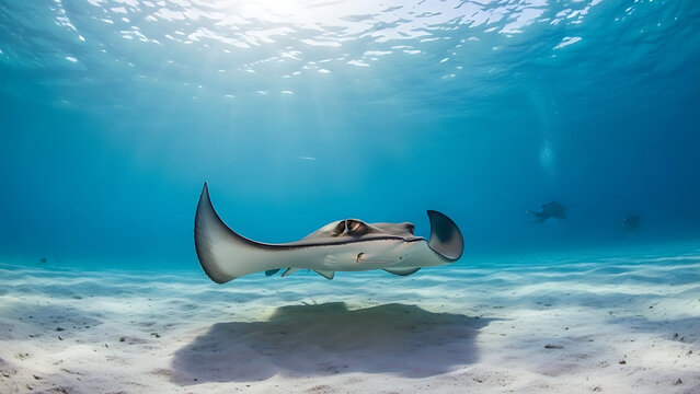 Majestic manta ray swimming underwater near coral reef in clear blue ocean water