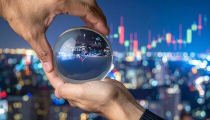 Hand holding glass sphere with inverted cityscape reflection against twilight skyline and blurred skyscrapers.