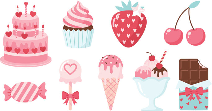 Cute pink dessert icons set with cake cupcake ice cream candy fruit and chocolate sweets