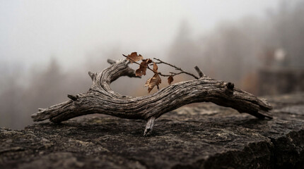 Naklejka premium A gnarled piece of driftwood with fragile brown leaves sits upon a craggy rock. Fog blankets the mountains, creating a hushed and ghostly scene in Shenandoah National Park.