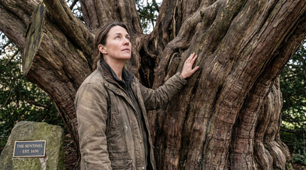 A woman in a worn jacket gently touches a massive, textured tree trunk while gazing upward, seemingly lost in contemplation of the ancient arboreal giant.