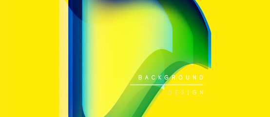 Abstract yellow background features vibrant green, blue gradient shapes. Modern design elements create dynamic visual impact.