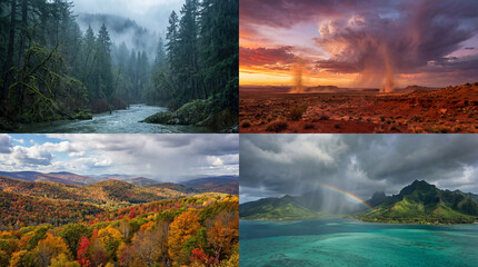 A captivating collage reveals four distinct locations. Lush forest, arid desert, vibrant autumn hills, and tropical island, showcasing diverse seasons and weather patterns.