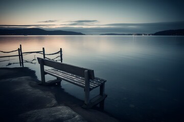 Obraz premium Twilight Lake View with Bench by Calm Water – Serene Dusk Landscape sunset on the lake