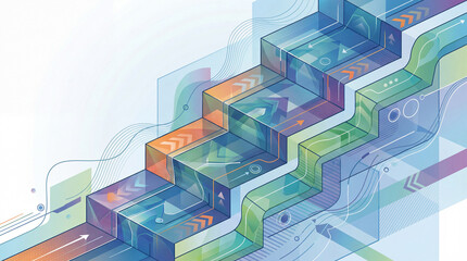 Fototapeta premium A mesmerizing perspective unfolds, showcasing a staircase that embodies progress, decorated with arrows and a palette of blue, green, and orange hues, suggesting innovation.