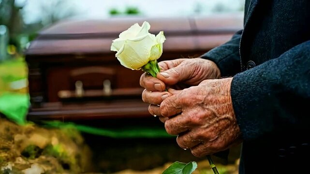 Elderly person's hands gently hold a single white rose near a casket during a somber outdoor burial service expressing deep sorrow and final farewell.