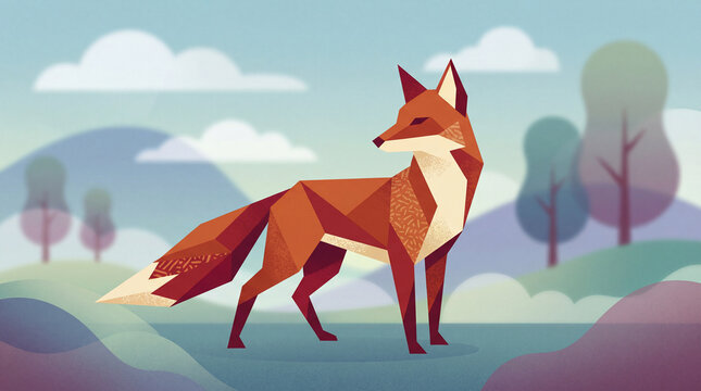 A stylized, geometric fox stands majestically on a verdant expanse under a pastel sky. The scene radiates tranquility with trees and gentle clouds dotting the horizon.