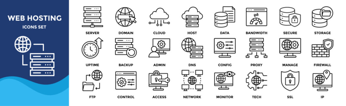 Web hosting icon set collection. pack contain server, domain, cloud, host, data, bandwidth, secure, storage, uptime, backup