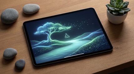 A sleek tablet displays an ethereal digital landscape with a meditation symbol. River flows below a glowing tree. Smooth stones and a tiny succulent rest nearby on a wooden surface.