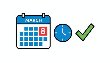 Calendar showing March 8th with a clock and a green checkmark, symbolizing a successful scheduled event or deadline completion.