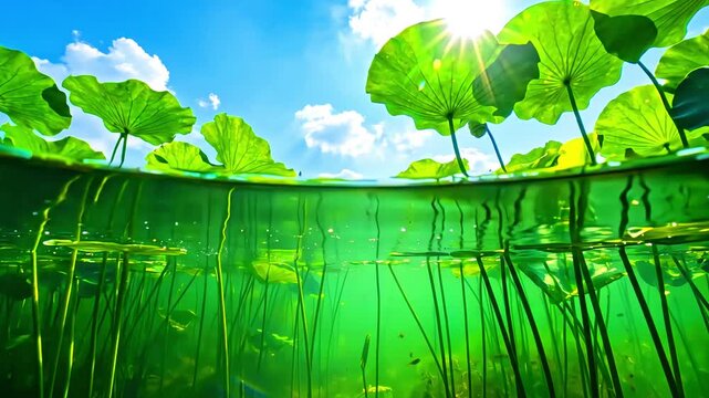 Vivid split view captures the vibrant green underwater world beneath giant lily pads reaching towards the bright, sunny blue sky.
