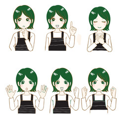 Illustration of a green-haired girl using various hand gestures in different poses and facial expressions