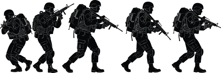 Fototapeta premium Tactical military soldiers silhouette patrol movement illustration armed combat team marching formation vector isolated on white background for defense security design