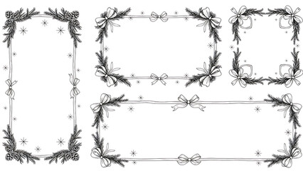 Obraz premium Floral Frames Collection: Elegant Winter Flowers with Bows, Sparkling Holiday Borders, Hand-Drawn Vector Illustration