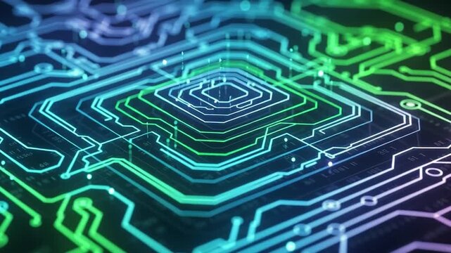 Abstract digital circuit board animation with glowing green and blue lines, technology concept
