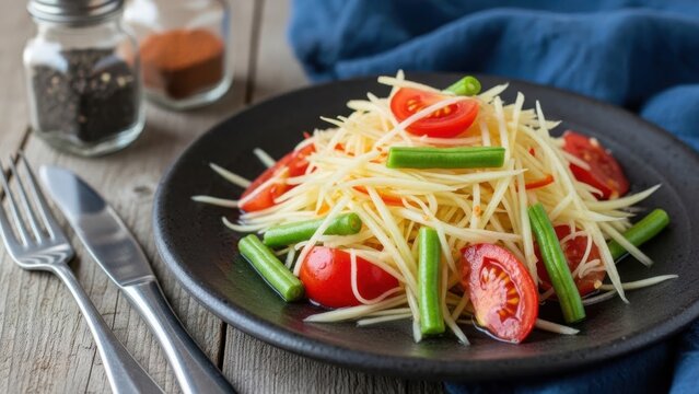 Vibrant thai green papaya salad with tomatoes and green beans on a rustic wooden table