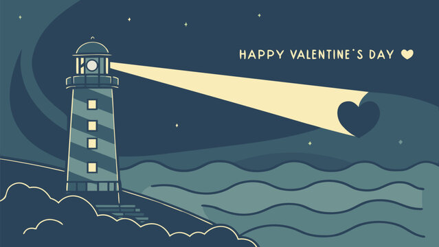 Romantic lighthouse beacon shining heart shaped light Valentine's Day