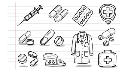 Fototapeta premium Doodle Medical Line Icons – Black Ink Sketches on Notebook Background, Healthcare Theme