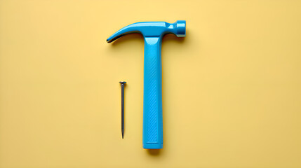 Blue hammer resting next to nail on yellow background