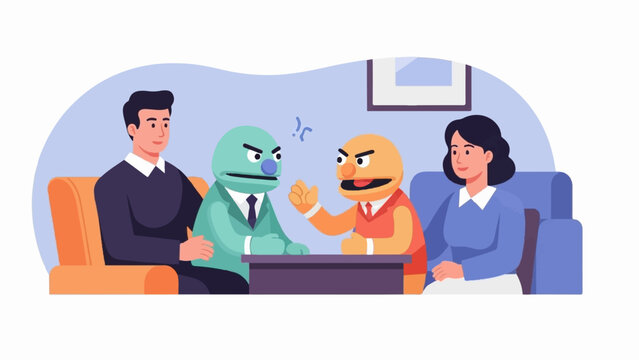Two puppets arguing fiercely with humans watching on