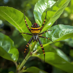 Wildlife Spider on Fresh Green Leaf Background