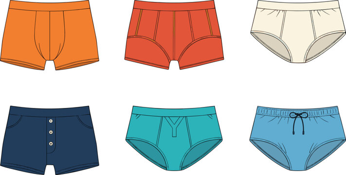 Men underwear illustration set with boxer briefs and classic briefs in different colors and styles