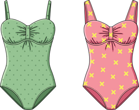 Cute patterned women swimsuit illustration set with polka dot and floral summer beachwear designs