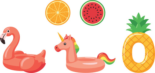 Summer pool float illustration set with flamingo unicorn tropical fruits and inflatable swim rings