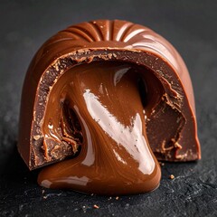 Bomb&oacute;n de chocolate partido por la mitad mostrando su interior l&iacute;quido, brillo intenso, textura cremosa, sensaci&oacute;n inmediata de sabor dulce y profundo