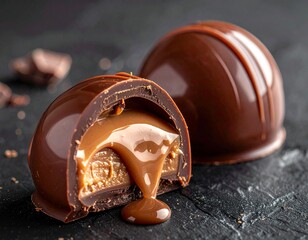 Bomb&oacute;n de chocolate partido por la mitad mostrando su interior l&iacute;quido, brillo intenso, textura cremosa, sensaci&oacute;n inmediata de sabor dulce y profundo