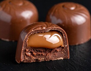 Bomb&oacute;n de chocolate partido por la mitad mostrando su interior l&iacute;quido, brillo intenso, textura cremosa, sensaci&oacute;n inmediata de sabor dulce y profundo