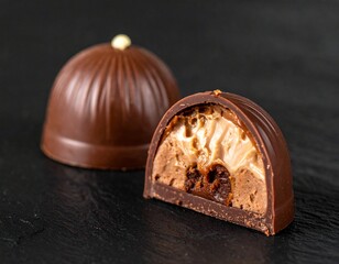 Bomb&oacute;n de chocolate partido por la mitad mostrando su interior l&iacute;quido, brillo intenso, textura cremosa, sensaci&oacute;n inmediata de sabor dulce y profundo