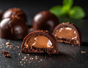 Bomb&oacute;n de chocolate partido por la mitad mostrando su interior l&iacute;quido, brillo intenso, textura cremosa, sensaci&oacute;n inmediata de sabor dulce y profundo