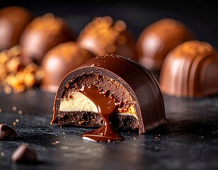 Bomb&oacute;n de chocolate partido por la mitad mostrando su interior l&iacute;quido, brillo intenso, textura cremosa, sensaci&oacute;n inmediata de sabor dulce y profundo