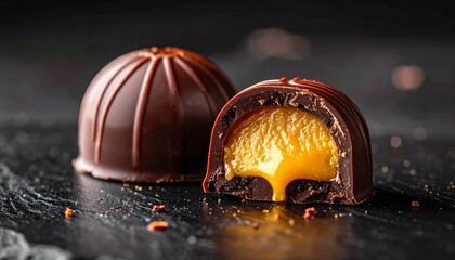 Bomb&oacute;n de chocolate partido por la mitad mostrando su interior l&iacute;quido, brillo intenso, textura cremosa, sensaci&oacute;n inmediata de sabor dulce y profundo